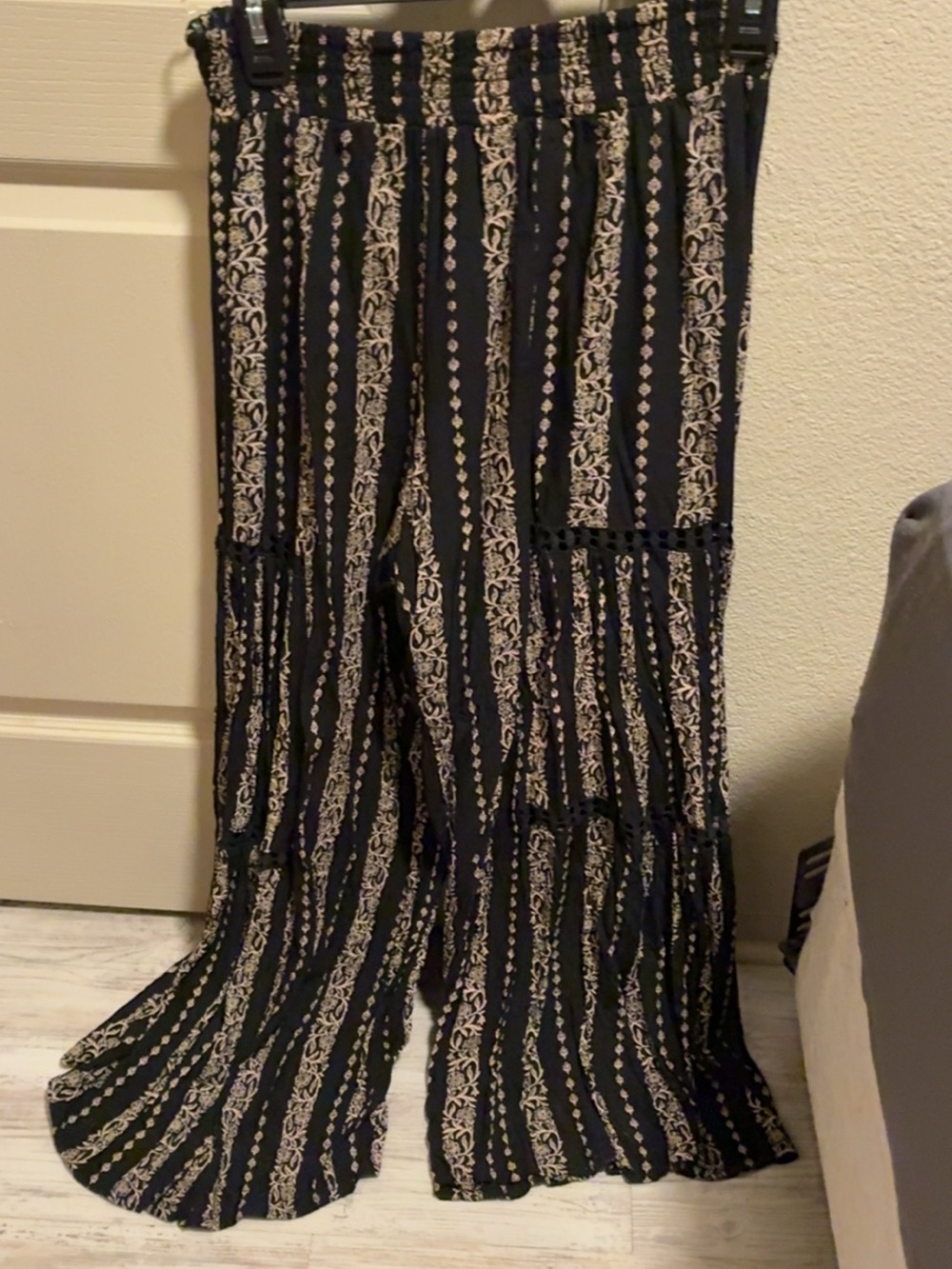 Angie Black Wide-Leg Palazzo Pants with Cream Stripe Print
